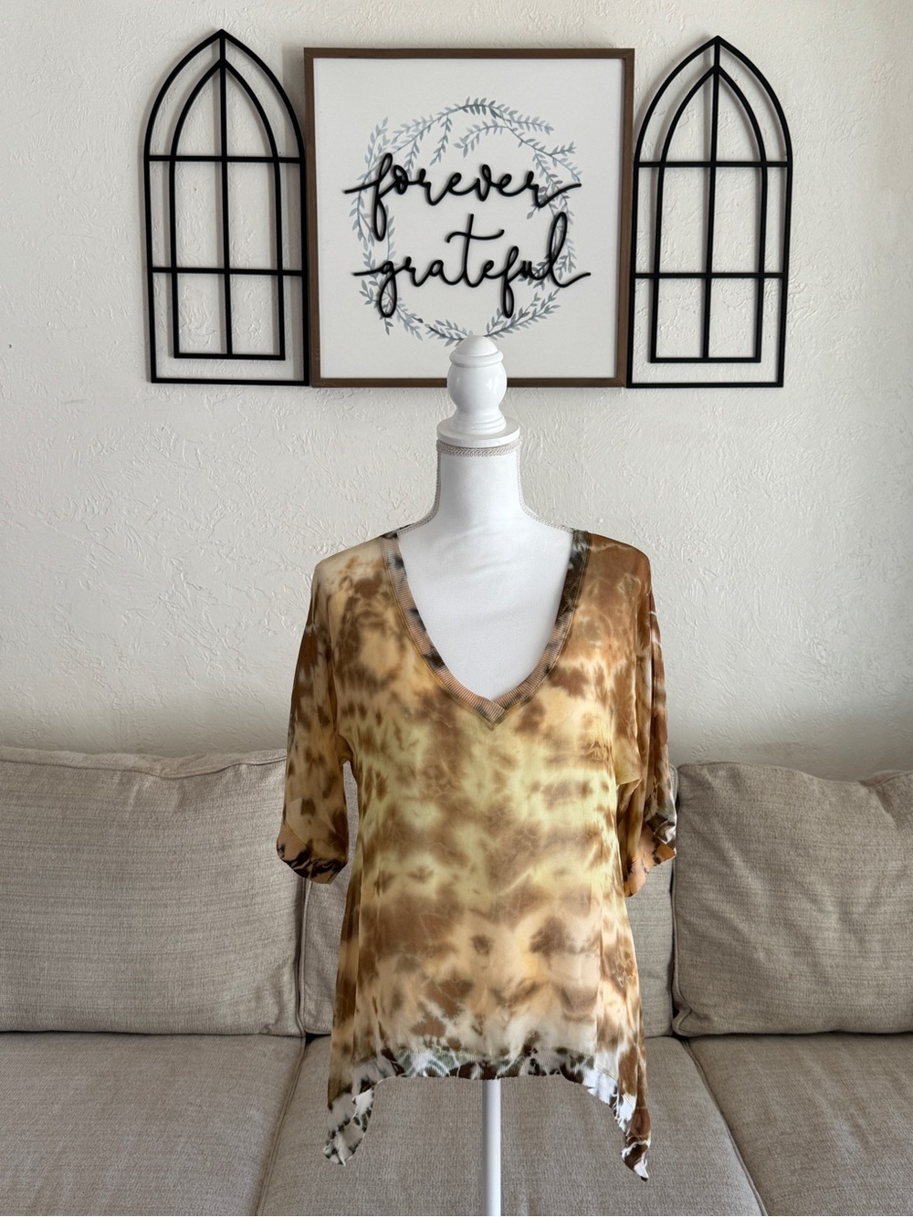 2000s Language Silk Blend Tie Dye Boho Tunic Top Size S Y2K Earthy Asymmetrical